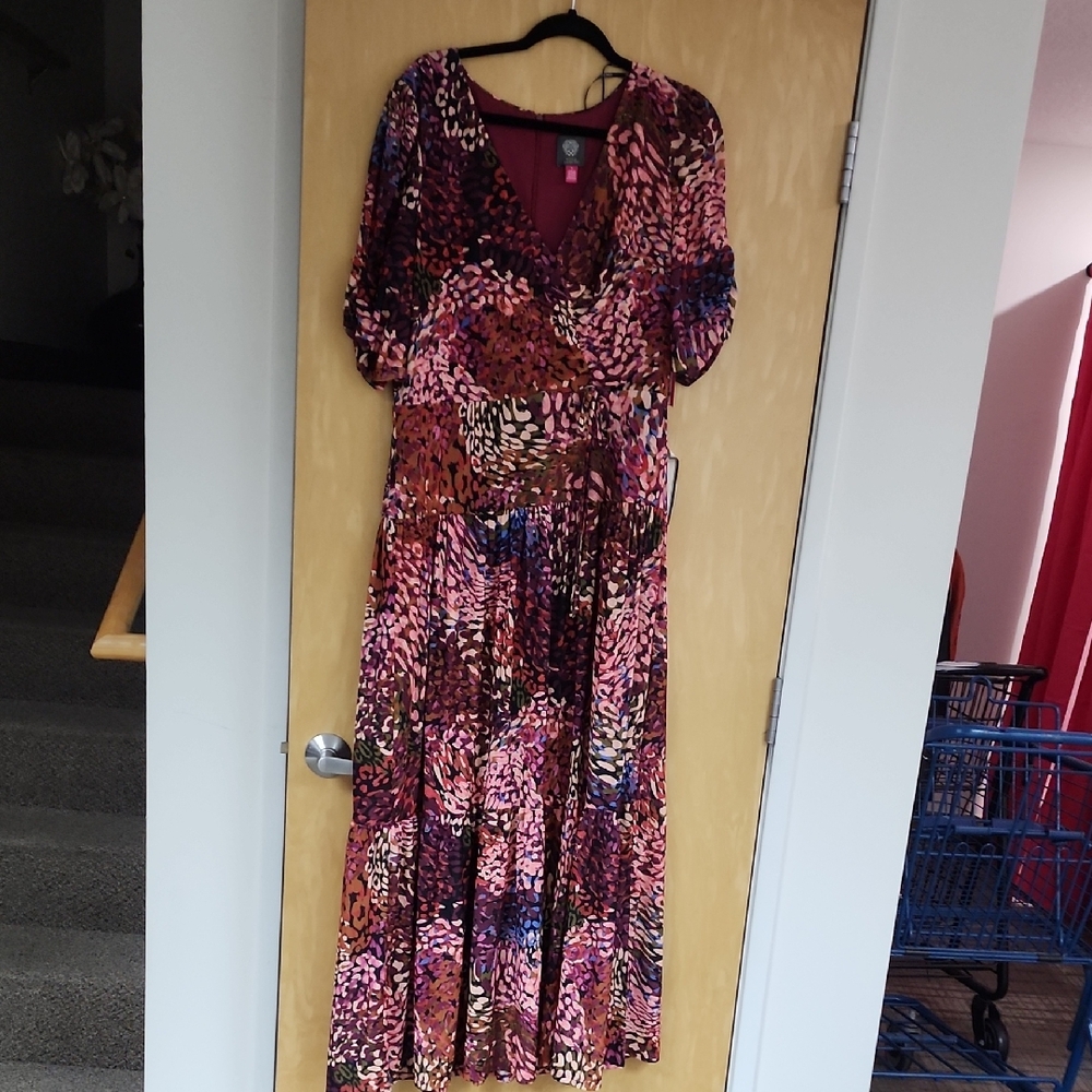 Vince Camuto Pink Multicolor Printed V-Neck Maxi Dress